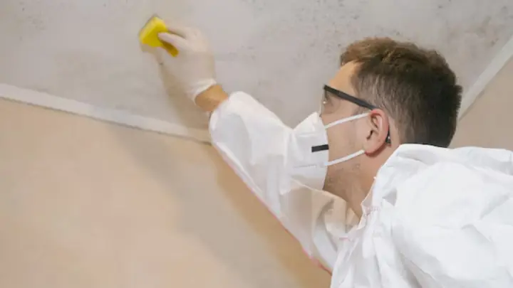 Person in a mask wiping a ceiling with a sponge to treat dark growth