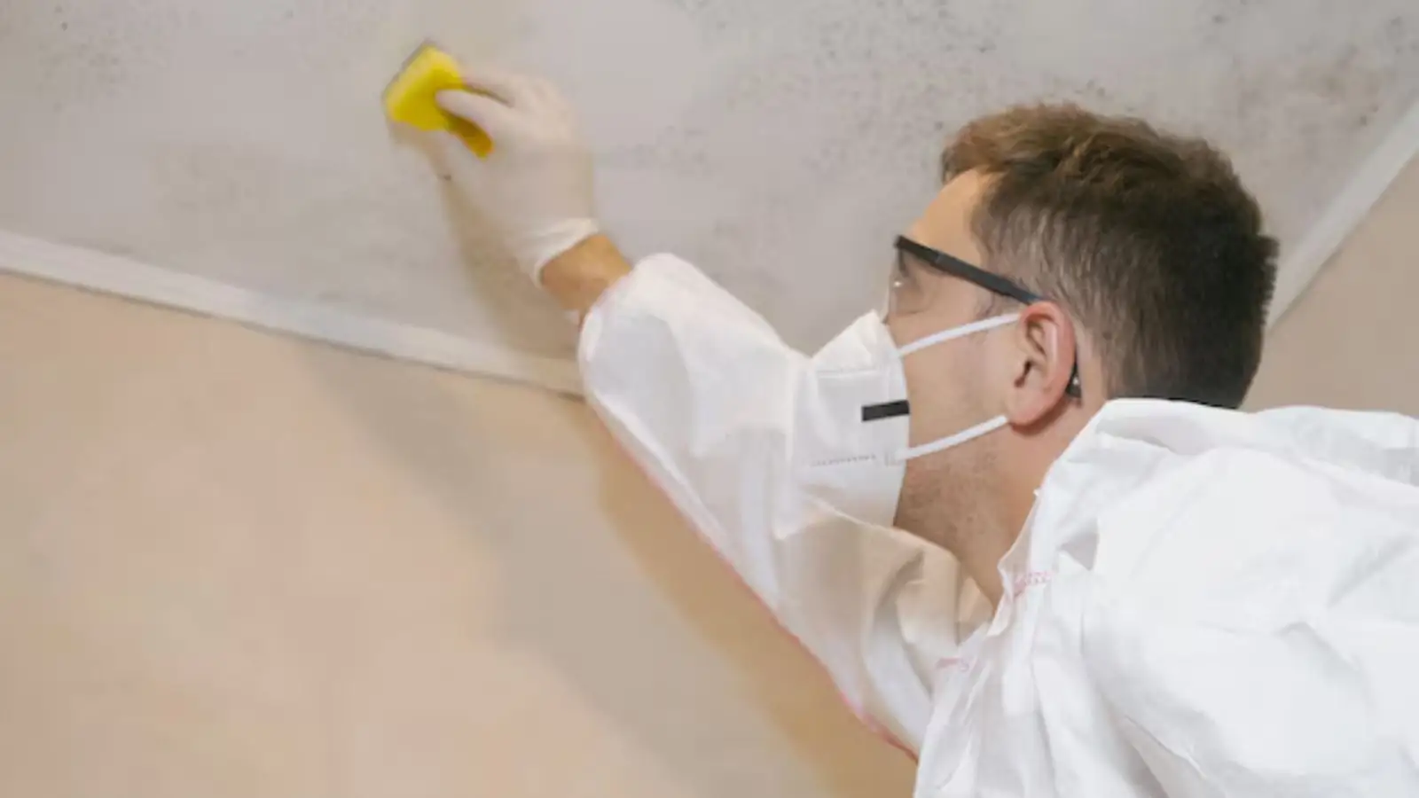 Person in a mask wiping a ceiling with a sponge to treat dark growth