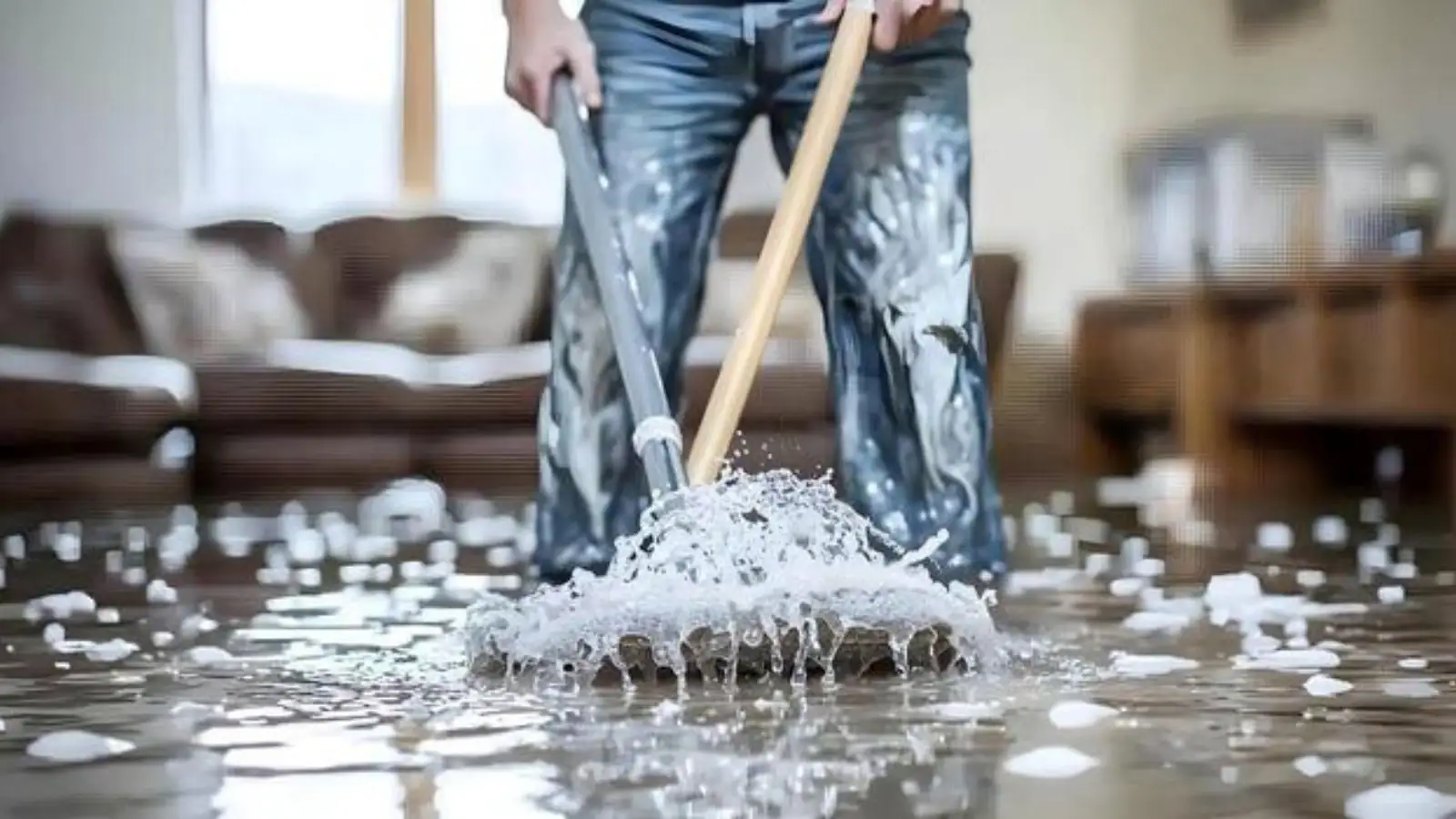 Person mopping up a wet floor in a living room
