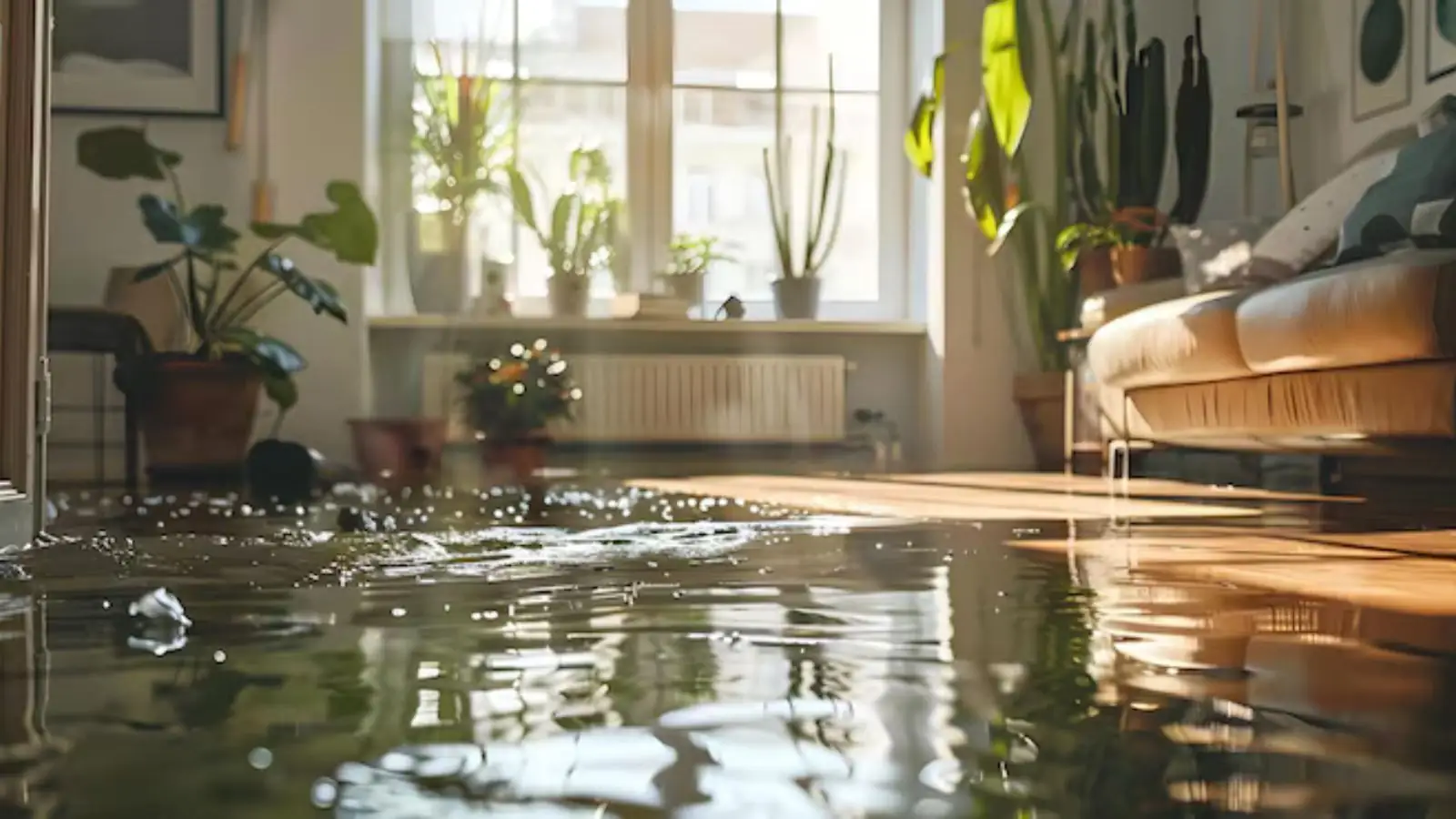 Living room with plants by a bright window and water covering the floor