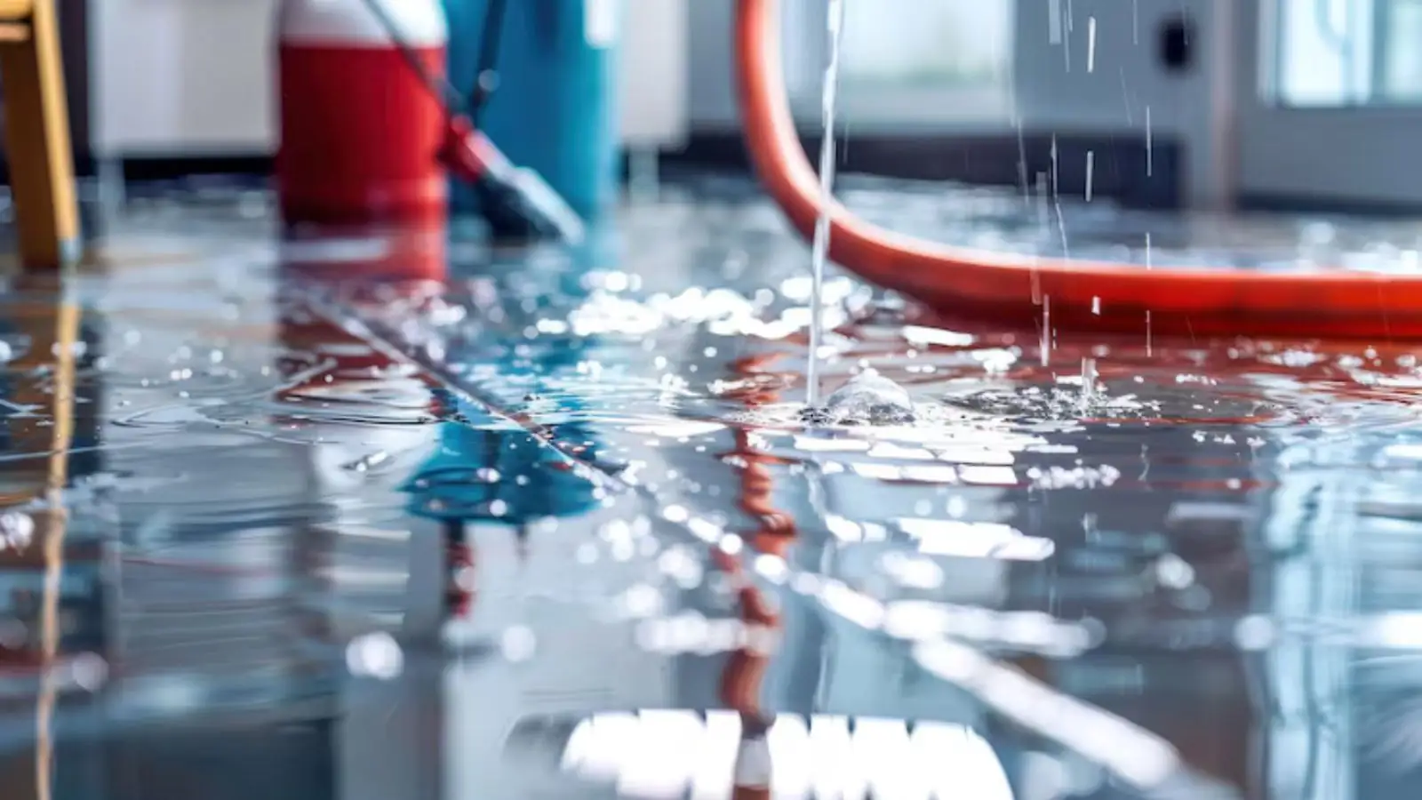 Red hose and wet vacuum removing water from a glossy flooded floor