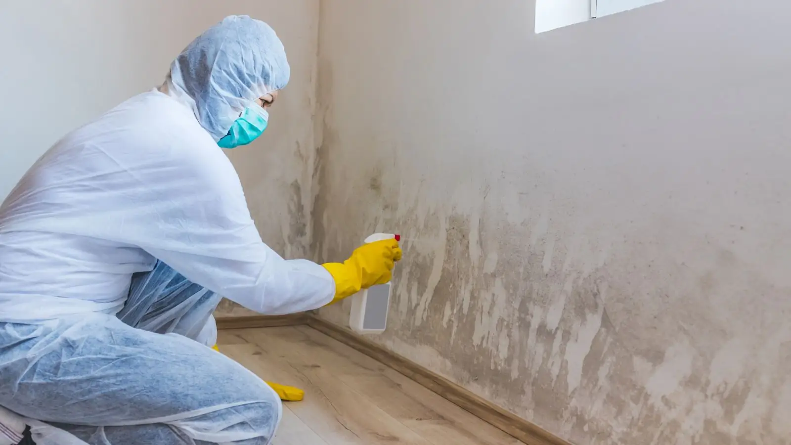 Technician in protective gear working along a wall in a room being treated for mold