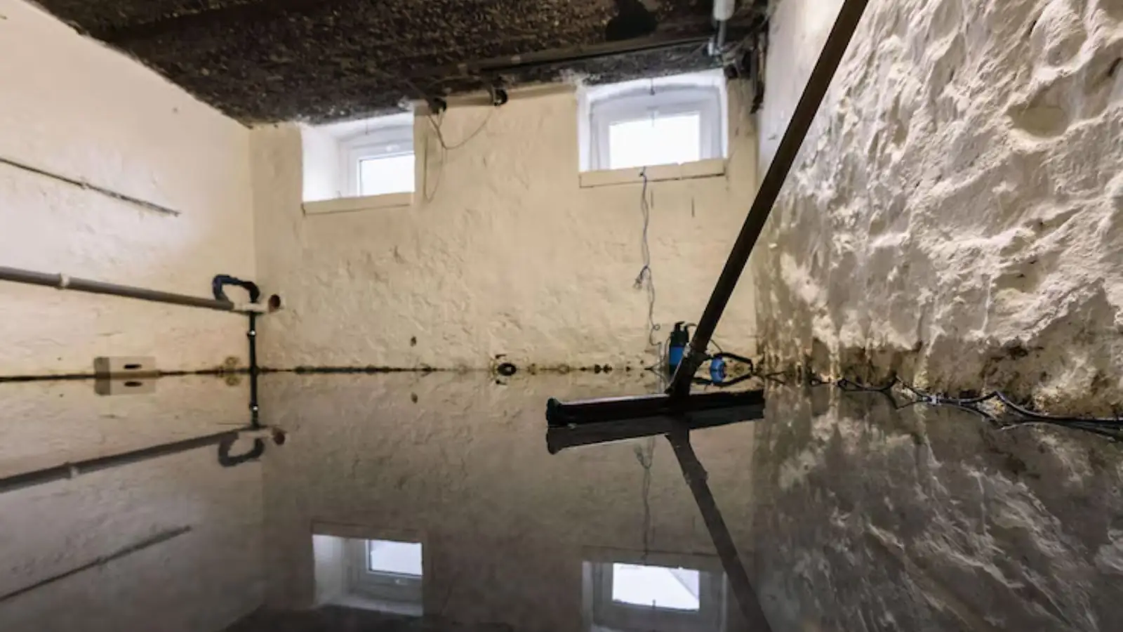 Flooded room with a worker pushing a squeegee across standing water